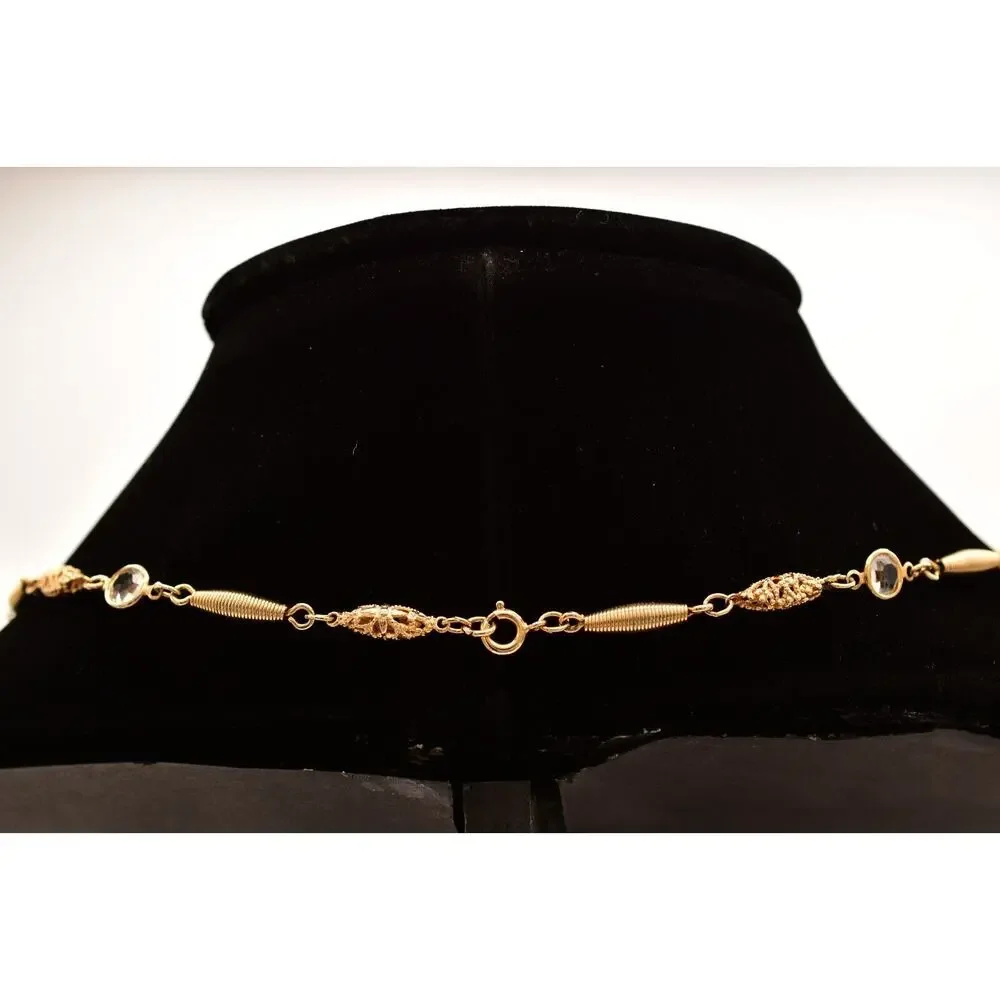 Vintage Crystal Open Bezel Chain Necklace Gold Tone Linked Shiny 1980s BinBE